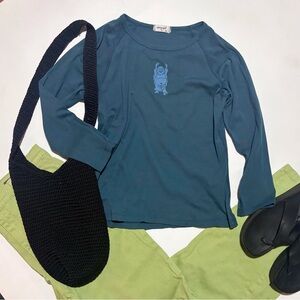 Omgirl Teal Long Sleeve Happy Buddha Hippie Tee